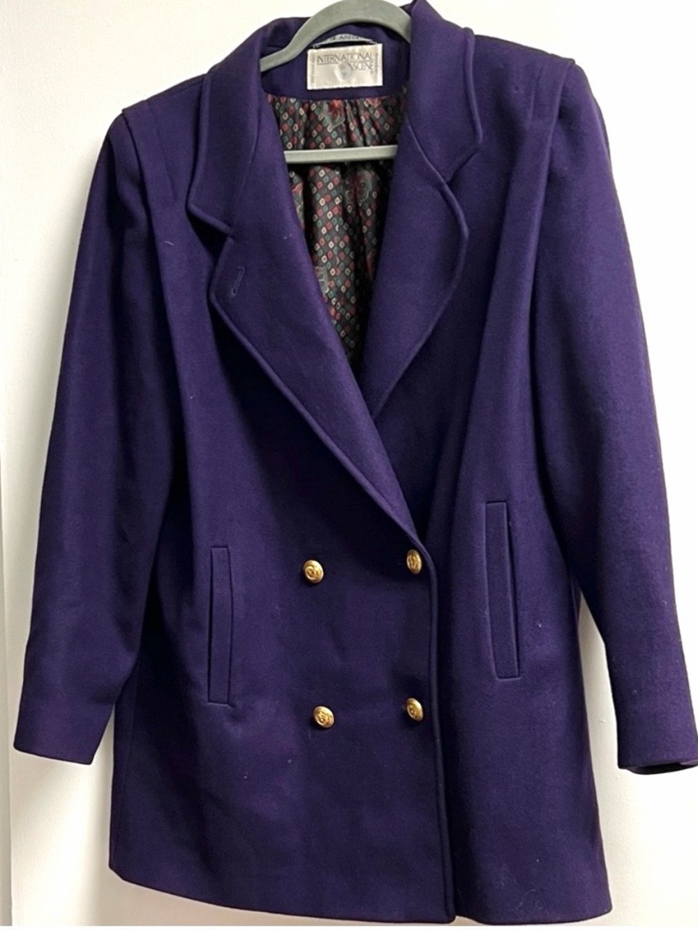 Vintage 80s International Scene Deep Purple Double-Breasted Wool Pea Coat Large